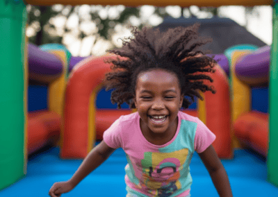 Happy girl enjoying fun on colorful inflatable bounce house at giggle party.