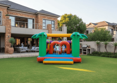 Colorful inflatable jumping castle for kids at Giggle Party. Perfect for outdoor celebrations and ch.