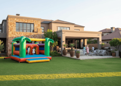 Family enjoying a fun day with a bounce house in a spacious backyard.